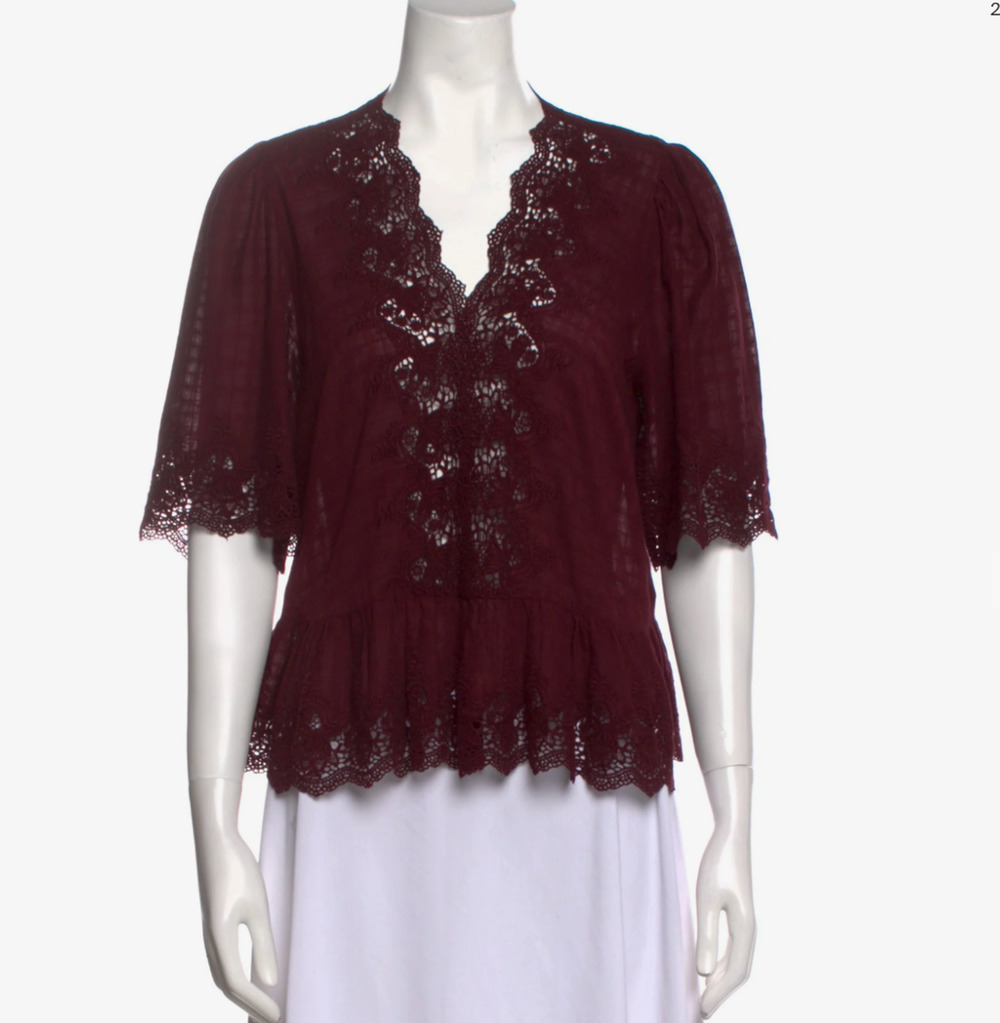 Ulla Johnson Romantic Burgundy Lace Peplum Blouse – Size 6, Cotton